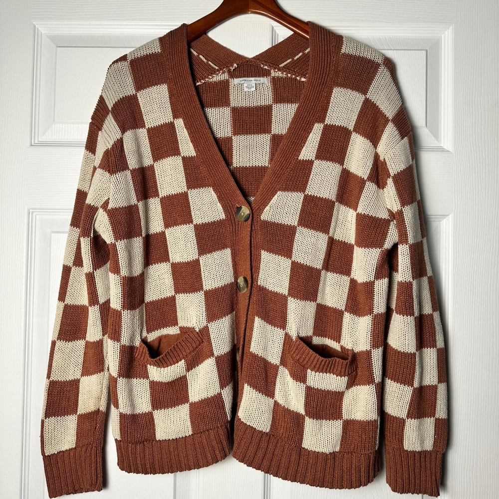 American Eagle Checkered Eclectic Grandpa Oversized Sweater Brown Cream S